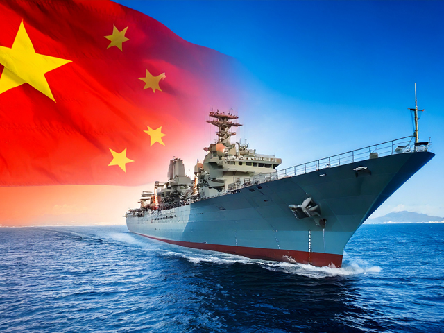 中国旗と中国の艦船