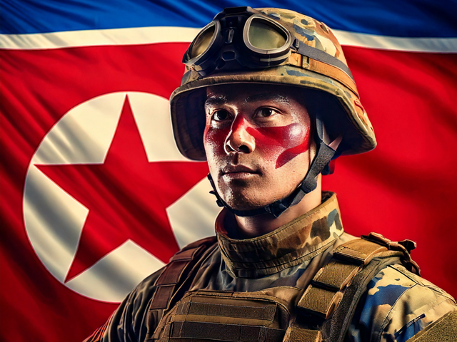 兵士と北朝鮮国旗