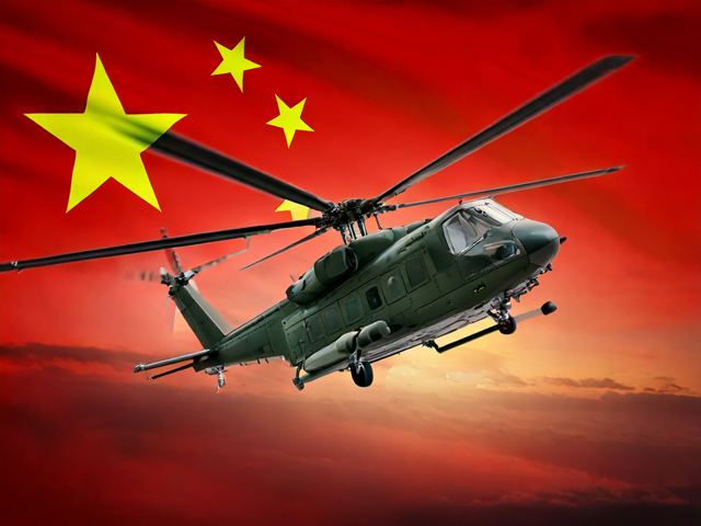 中国国旗とヘリコプター