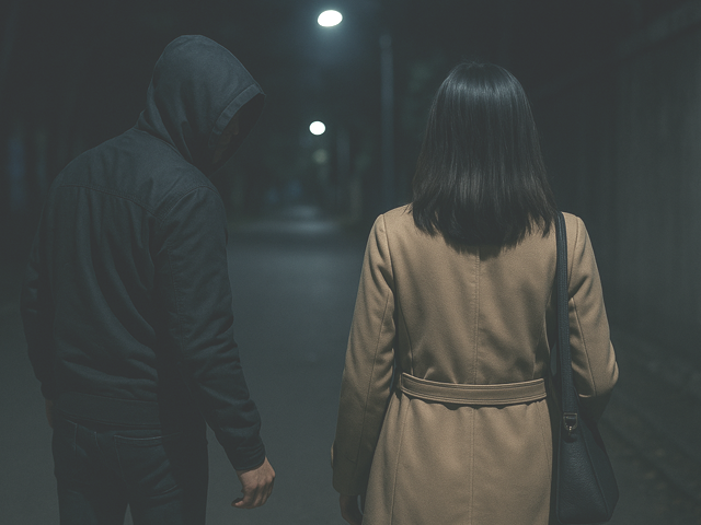 夜道を歩く男性と女性