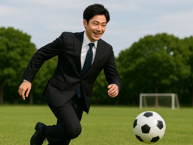 サッカーをする男性