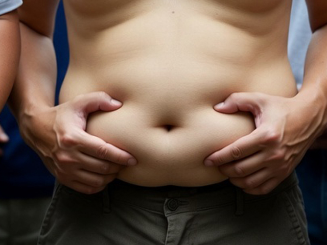 お腹をつまむ男性