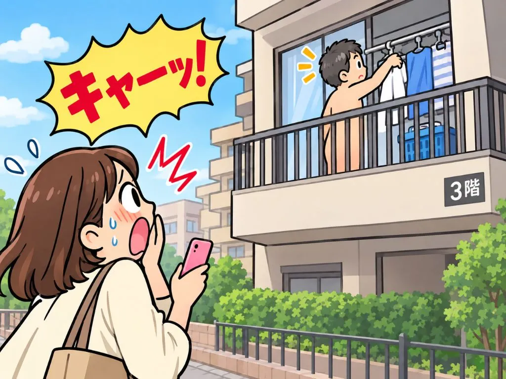 自宅のベランダで全裸で洗濯を取り込んでいた男性が・・・